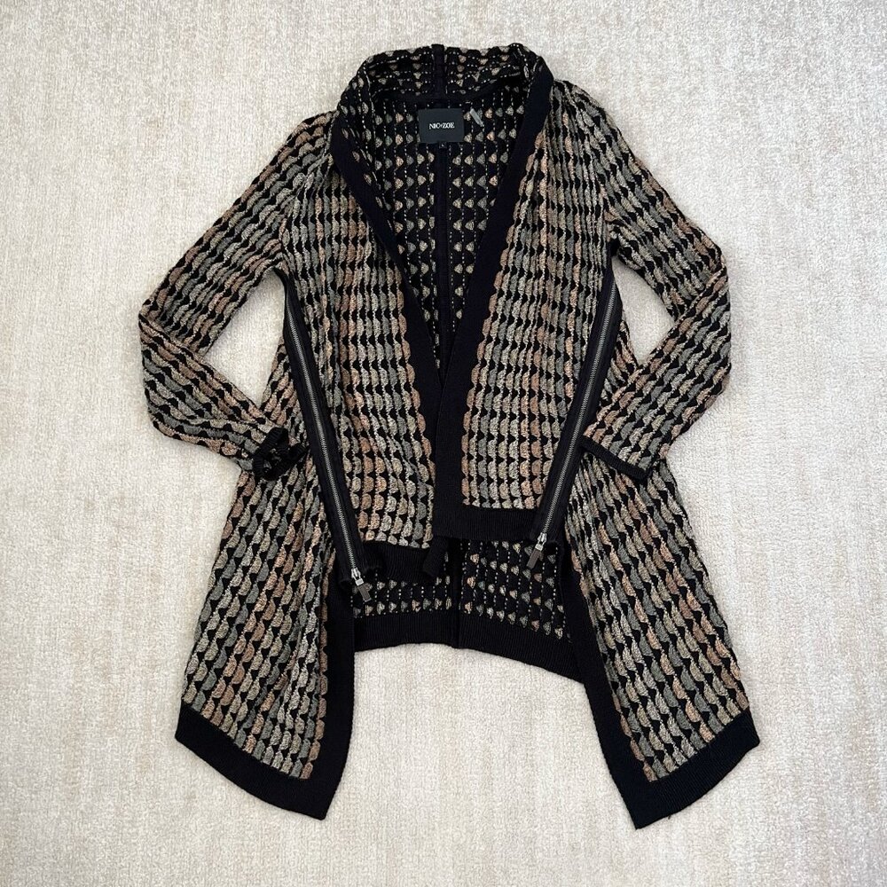 Nic + Zoe Cotton Moto Black Sheer Hilo Long Cardigan Sweater L